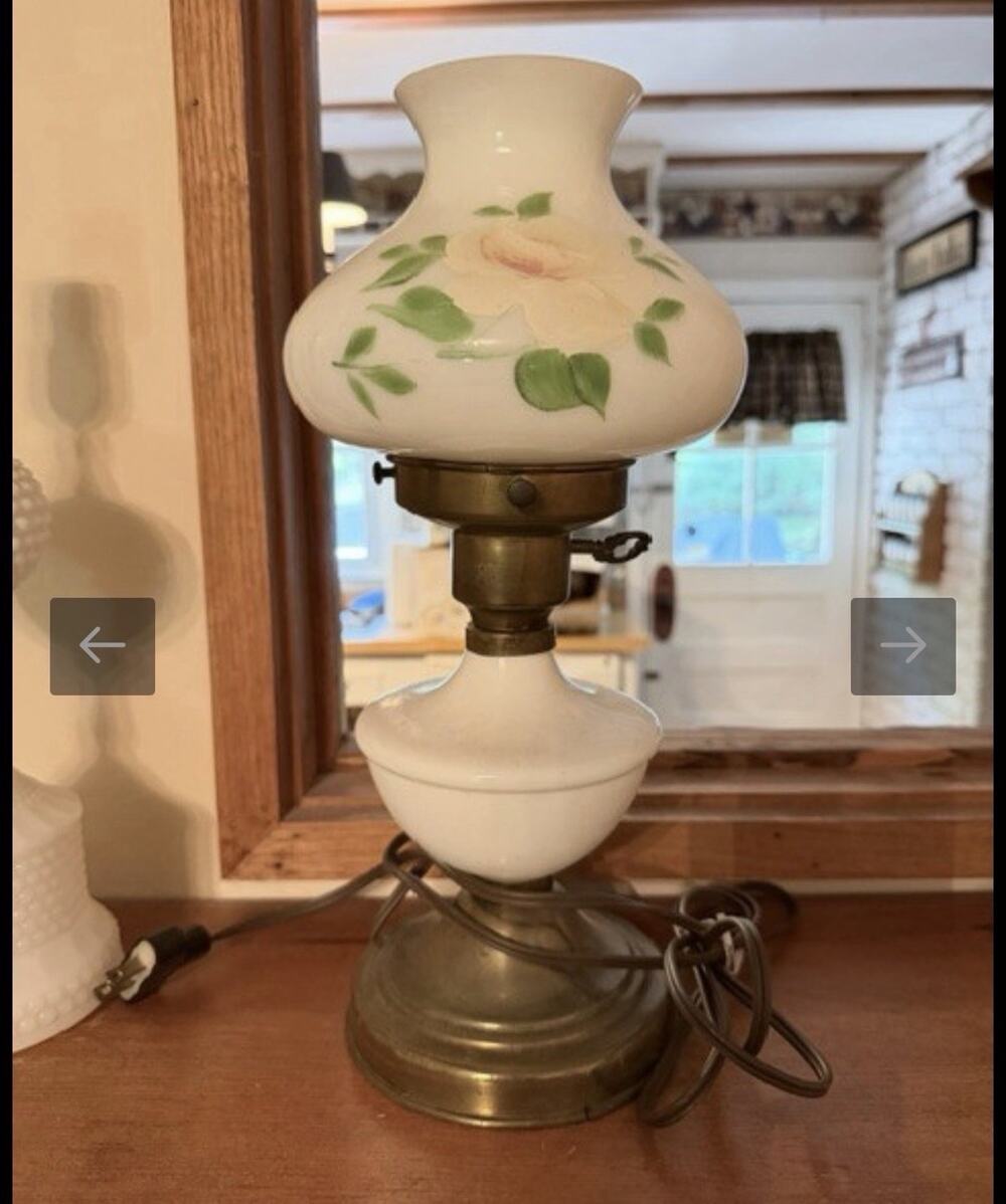Vintage GWTW Hurricane Lamp Milk Glass Hand Painted Roses Brass Parlor Lamp